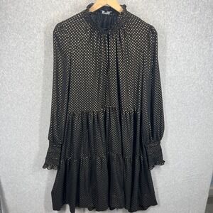 ME+EM Polka Dot Tiered Mini Dress Womens Size 12 Black Gold Metallic Smocked EUC